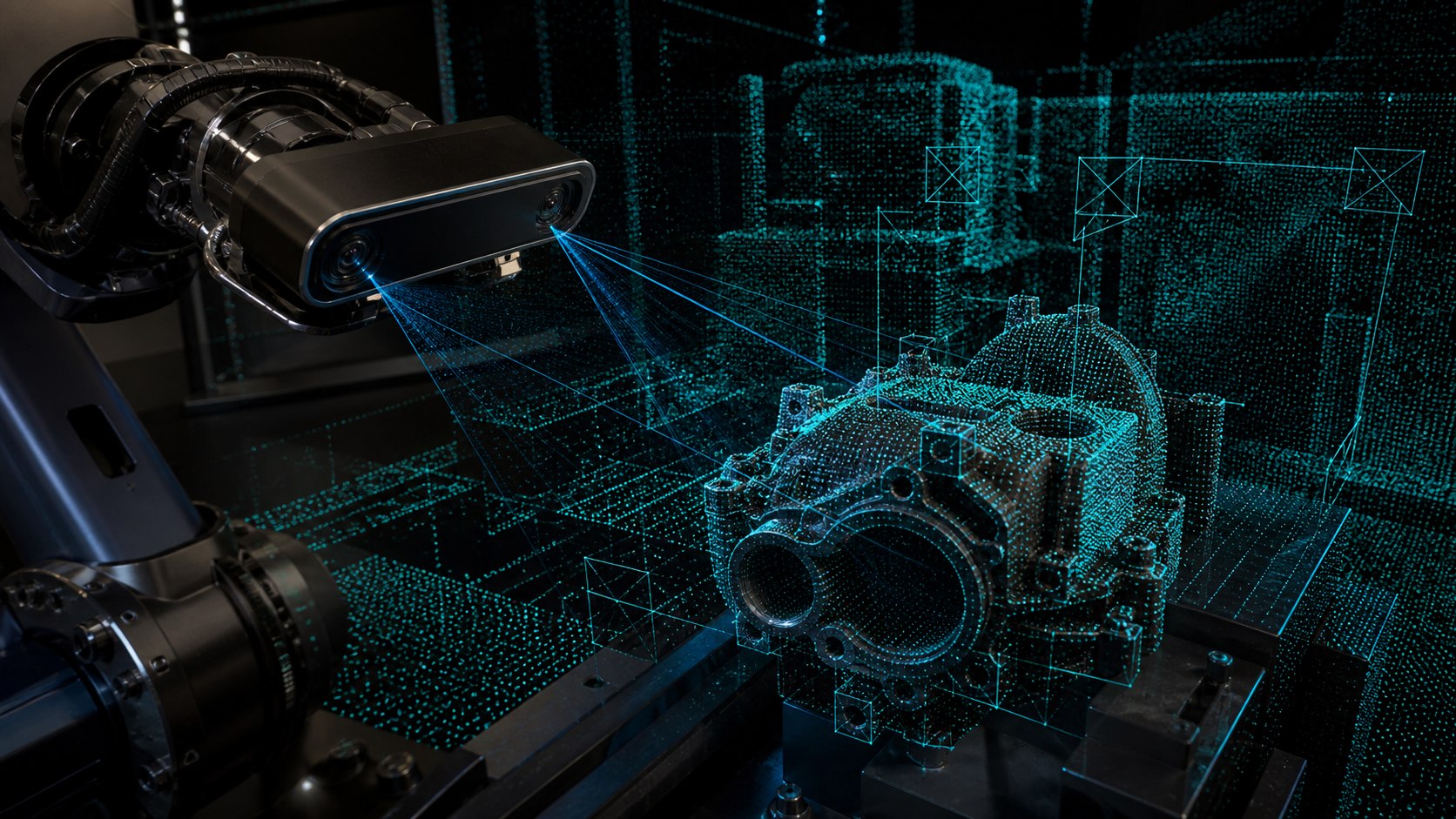 AI-assisted concept study of a robotic depth camera scanning a mechanical component
