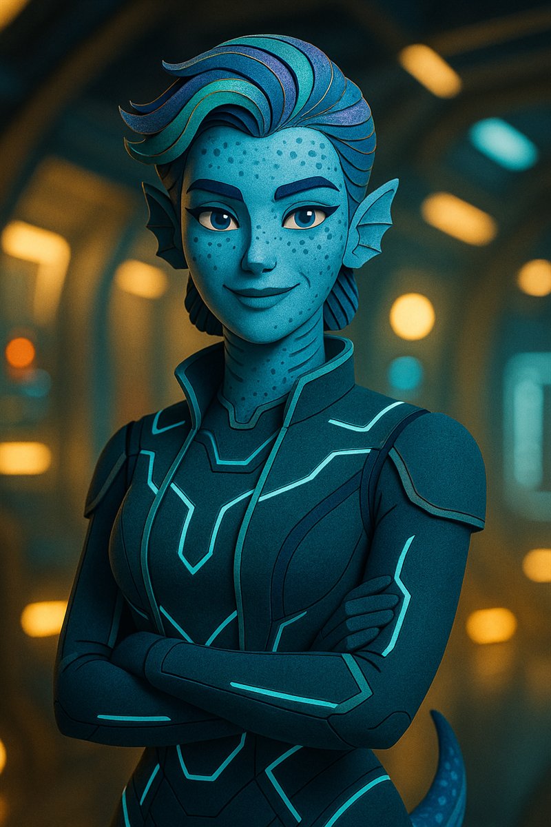 AI-assisted character study of Carly, a blue aquatic space crew member