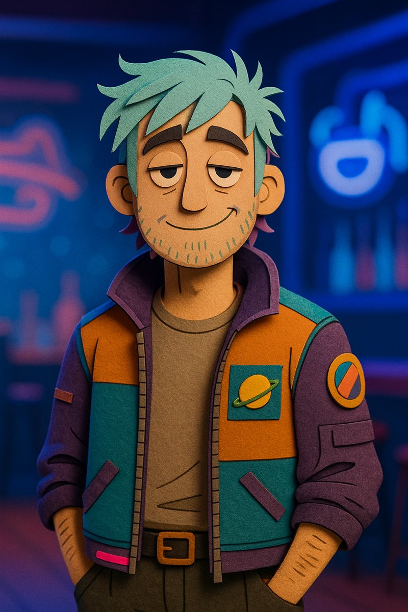 AI-assisted character study of Sean, a teal-haired space crew member